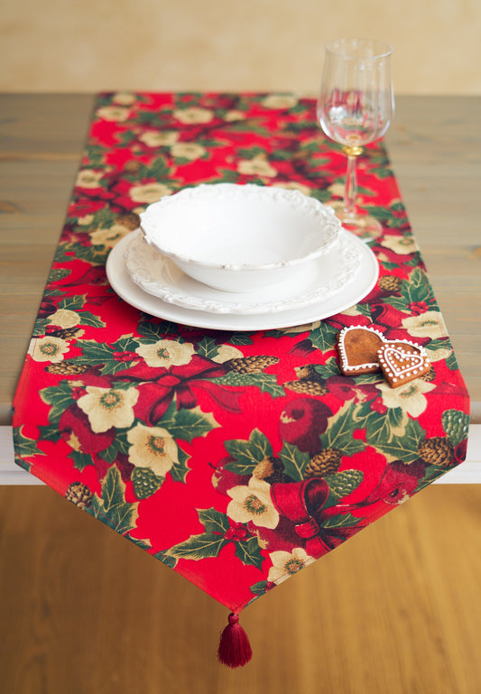 Winter Table runner with Tassels | Red Christmas flowers