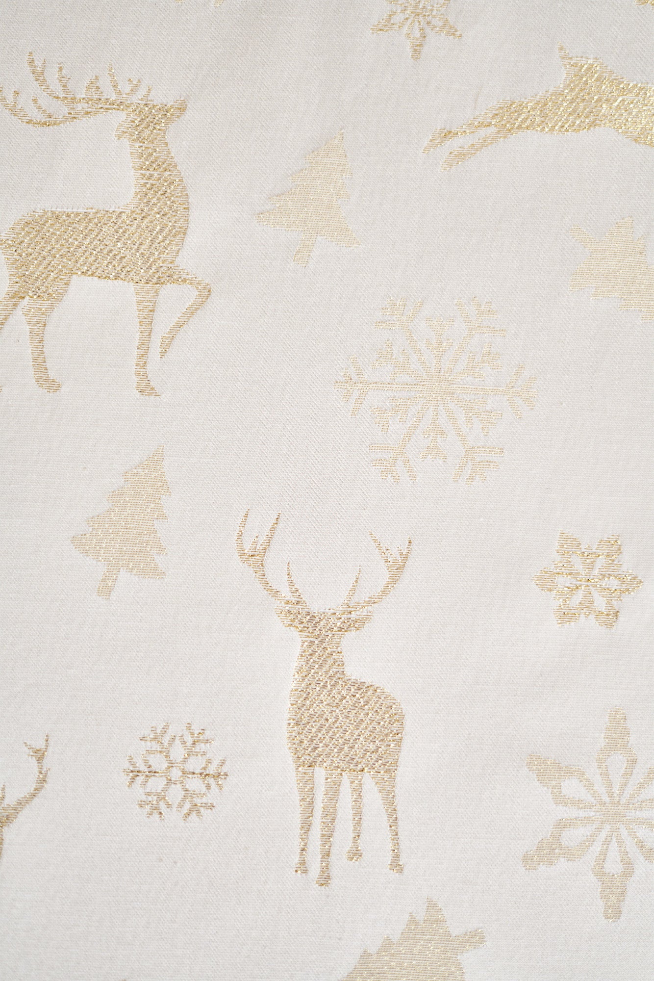 Round Christmas mood Tablecloth, Cotton-Poly mix, Gold dear and snowflake print | Copos Oro
