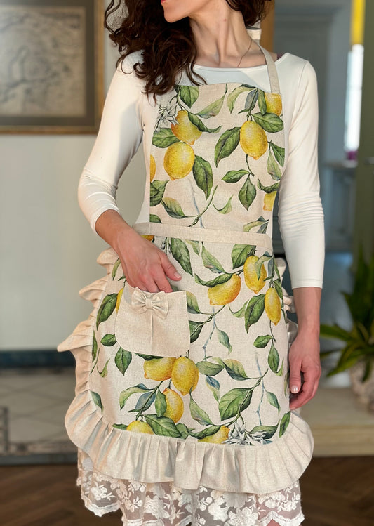 Apron for Woman with Frill and Pocket | Lemon Linen
