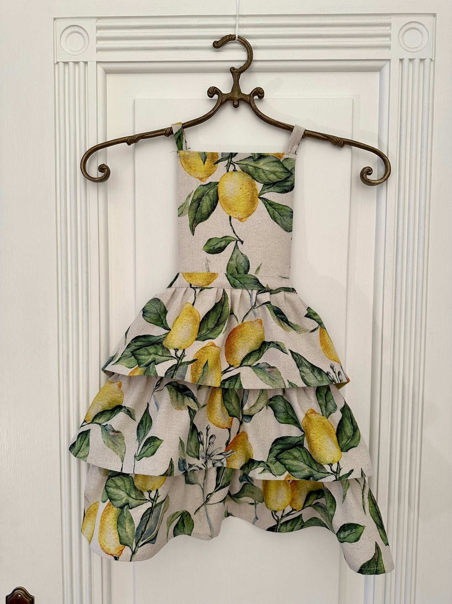 Ladies Apron with Ruffles, Linen - Cotton Mix, Printed | Lemon Linen