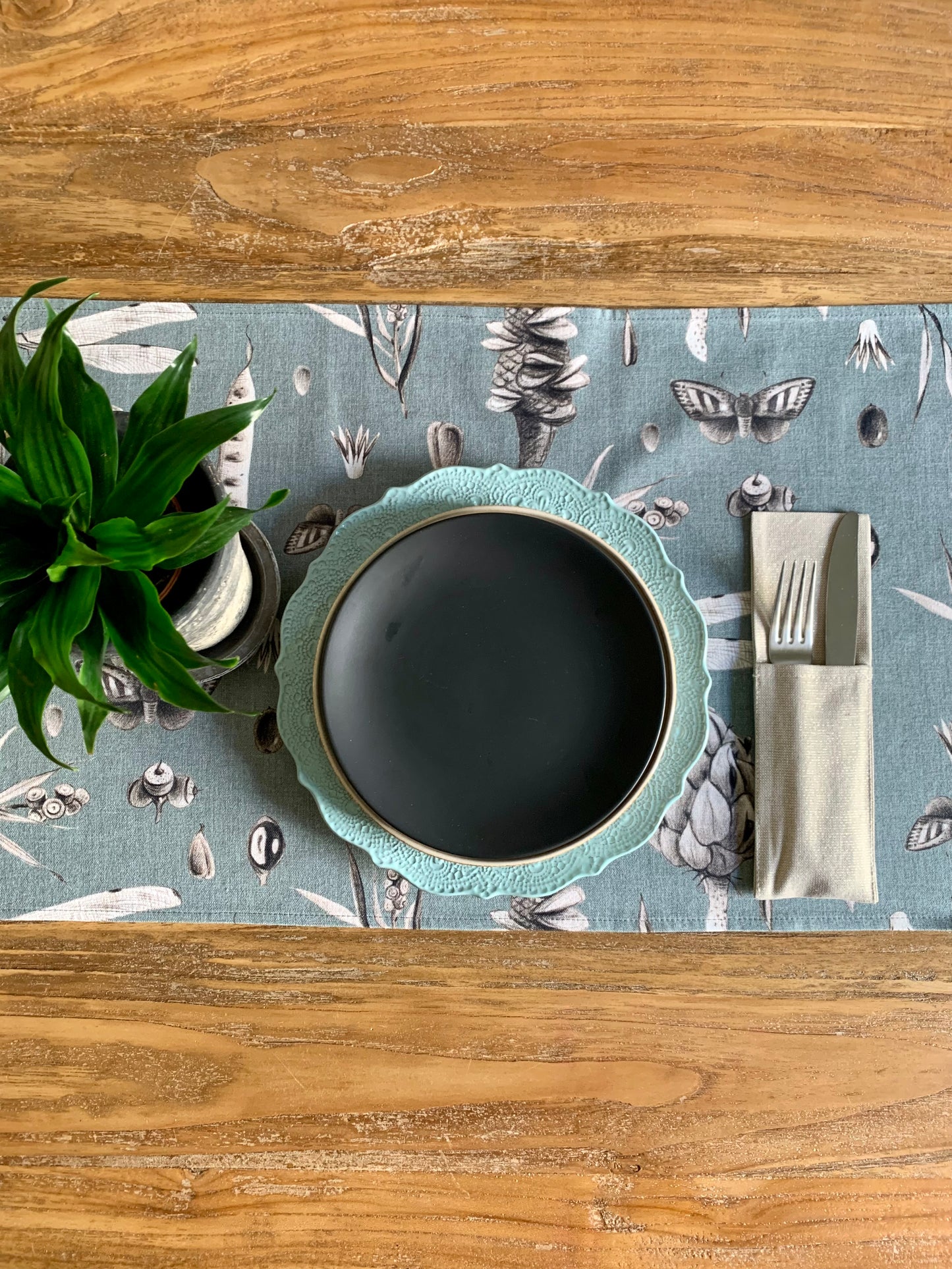Table Runner, 100% Cotton, Printed | Seeds Aqua