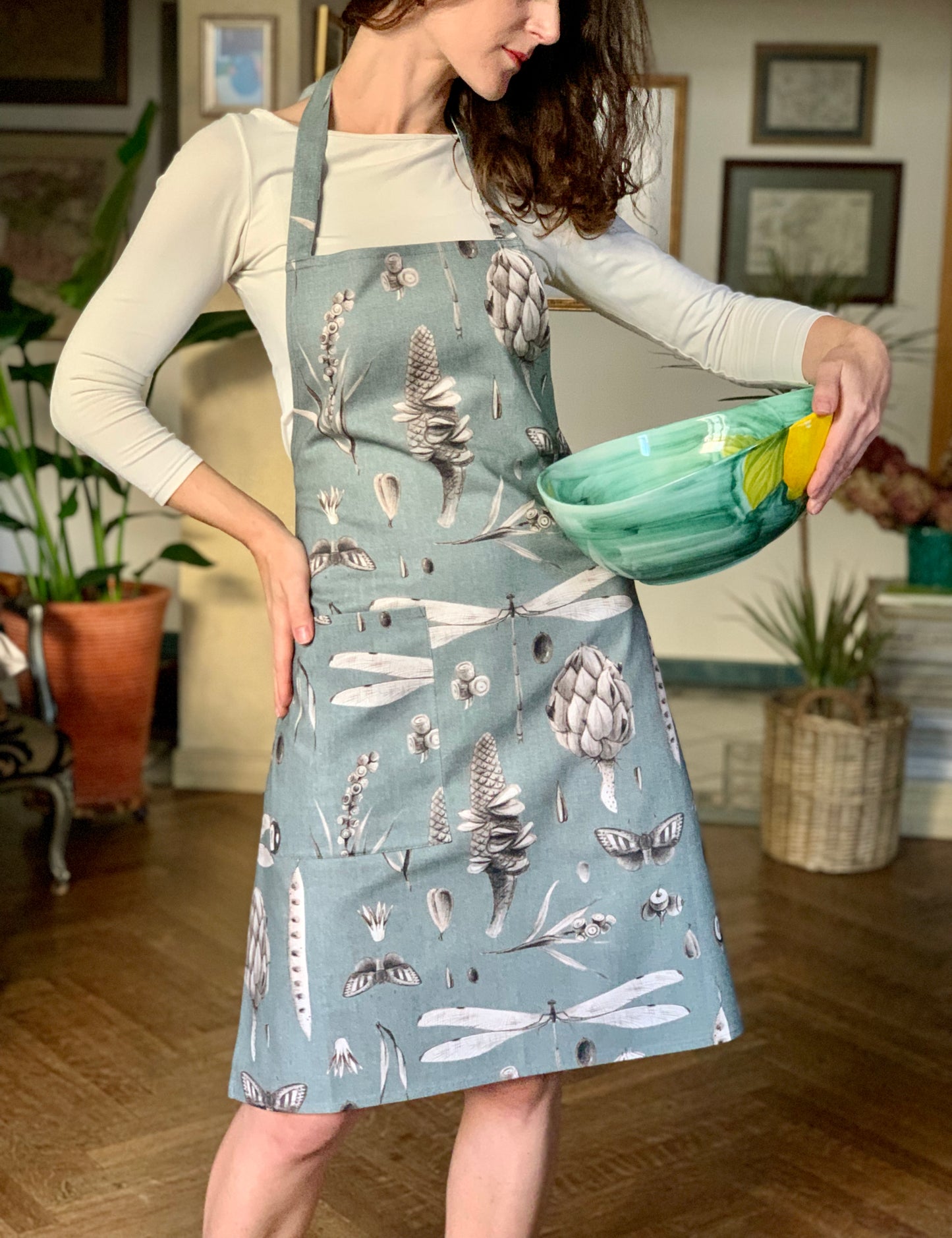 Ladies' Apron Simple, S-L Size, 100% Cotton, Printed | Seeds Aqua