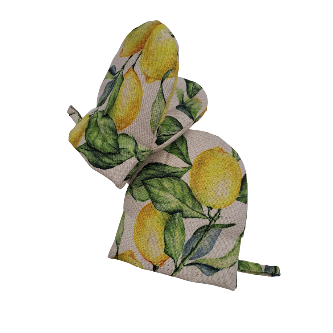 Oven Glove Small with Double Wool Filling, Linen-Cotton Mix, Printed | Lemon Linen