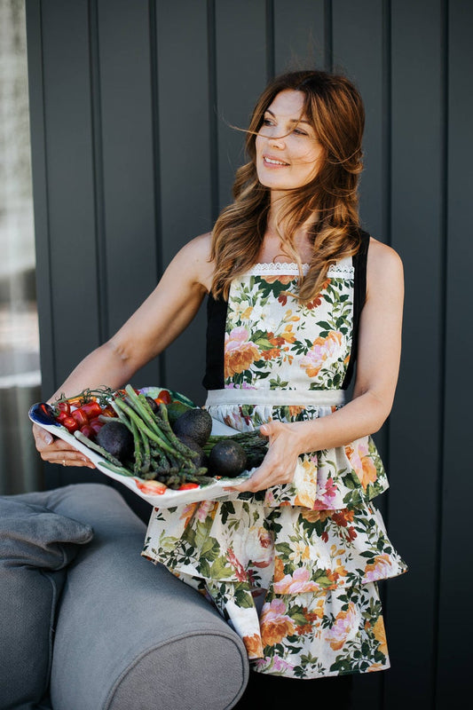Ladies Apron With Ruffles, Poly-cotton Mix, Printed | Flower Big