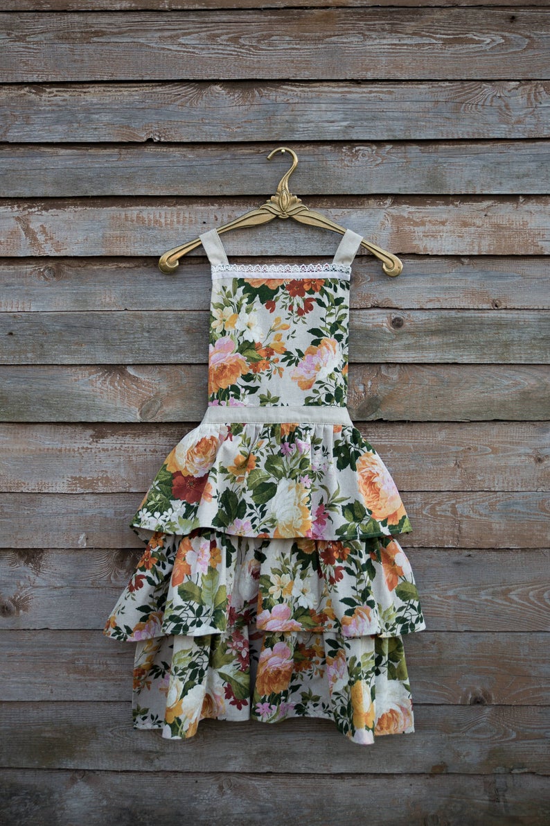 Ladies Apron With Ruffles, Poly-cotton Mix, Printed | Flower Big