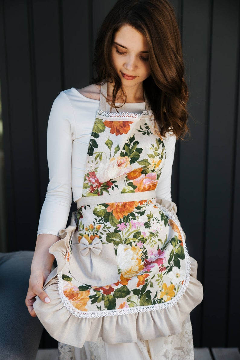 Green Floral Ladies Apron - Handmade Aprons For Women Green Floral Ladies Apron - Handmade Aprons For Women