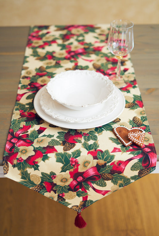 Winter Table runner with Tassels | Beige Christmas flowers