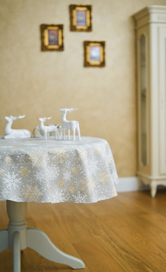 Winter motive Round Tablecloth with snowflake print, Cottom-Poly mix | TeaLurex Oro