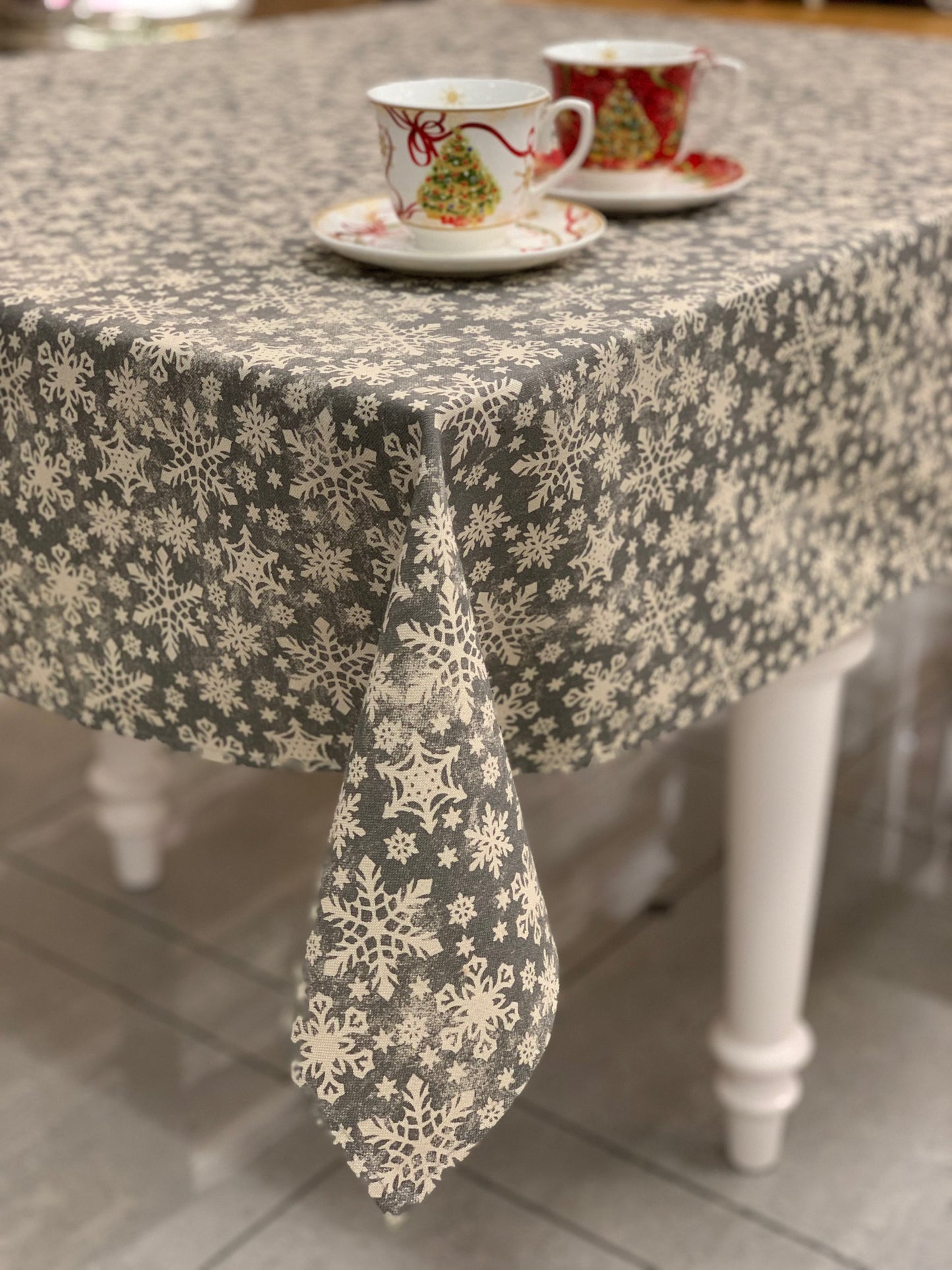 Grey Christmas motive tablecloth with snowflake print