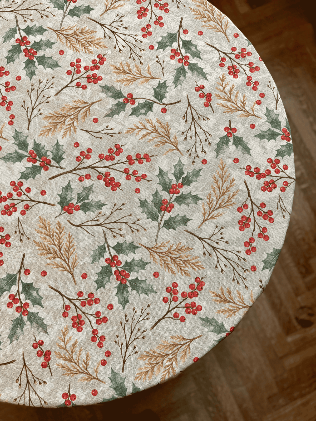 Round Christmas Tablecloth, Cotton Blend Botanical Tablecloth | Winter Berries