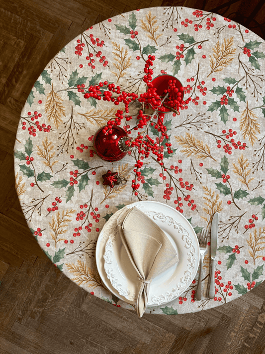 Round Christmas Tablecloth, Cotton Blend Botanical Tablecloth | Winter Berries