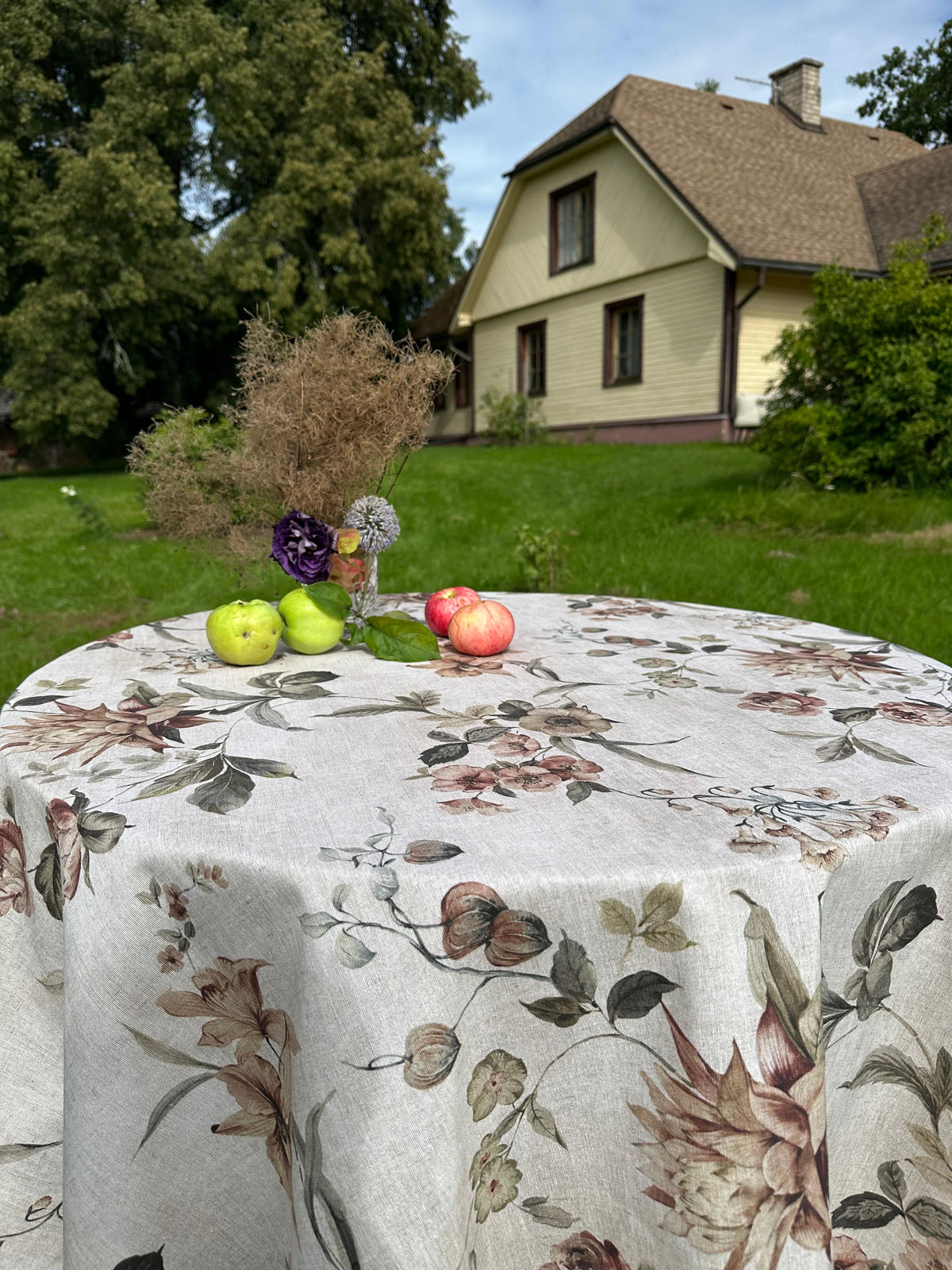 Round Floral Tablecloth, Cotton Blend Botanical Tablecloth | Harmony Garden