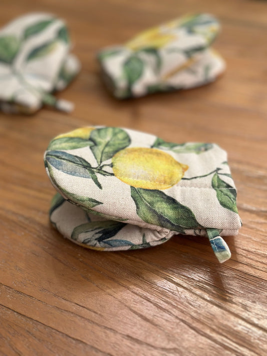 Oven Glove Small with Double Wool Filling, Linen-Cotton Mix, Printed | Lemon Linen