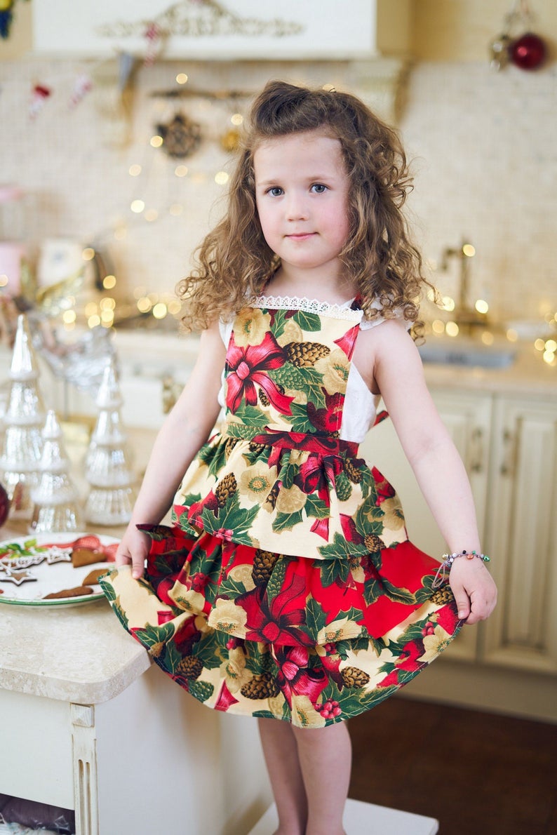 Kids Apron| Red Christmas flowers
