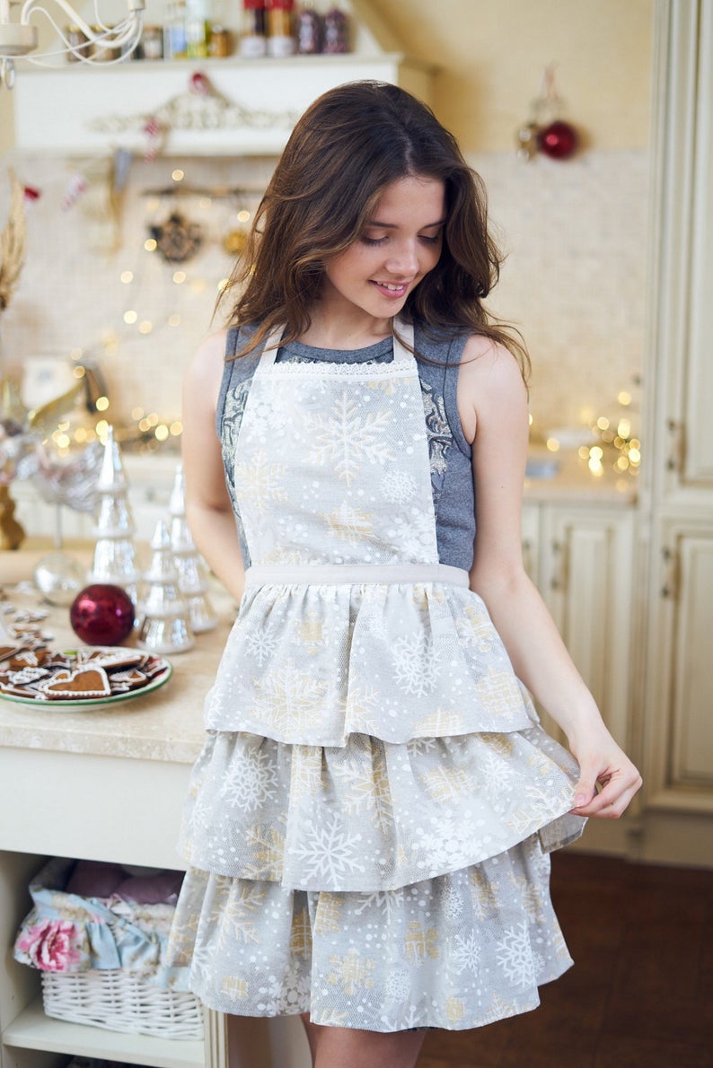 Winter motive Ladies apron with snowflake print, Cottom-Poly mix | TeaLurex Oro