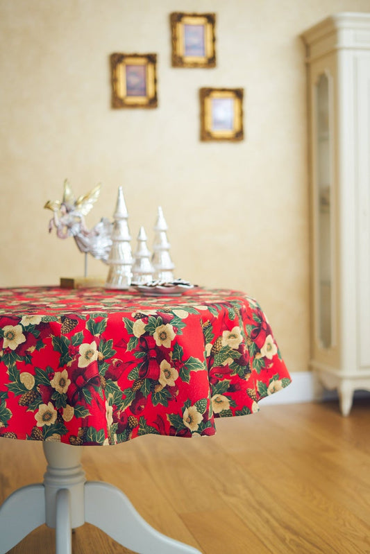 Winter Round Tablecloth| Red Christmas flowers